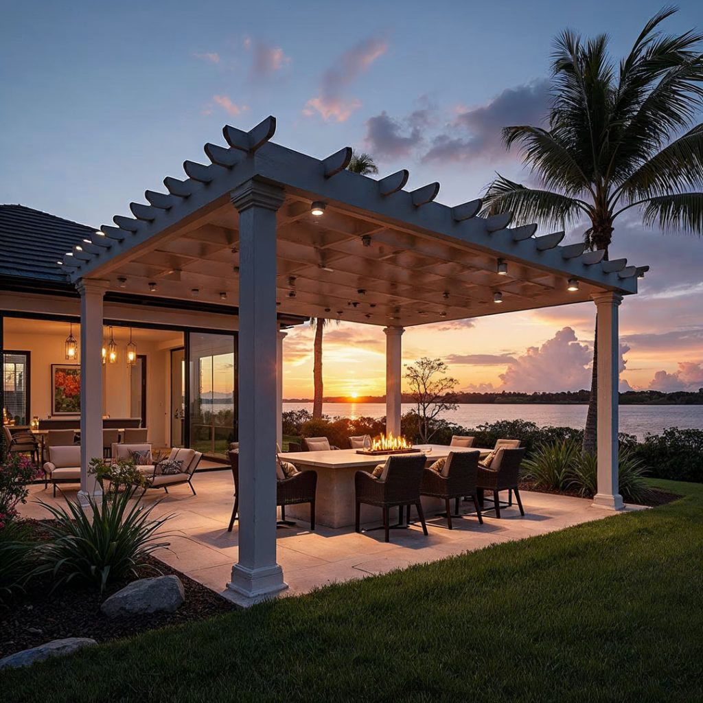 wooden pergola lakeside retreat