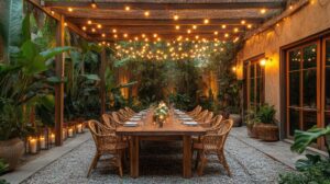 backyard patio with lighting